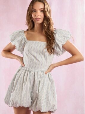 Square Neck Puff Sleeve Romper in Light Blue Floral Stripe
